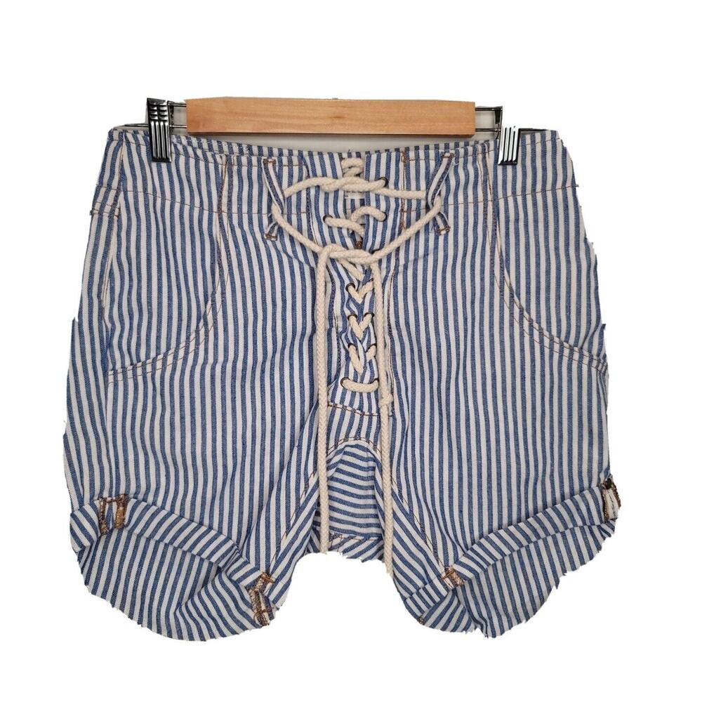 One X Oneteaspoon Women's Blue Striped‎ Linen Blend Rope Tie Shorts Size 24